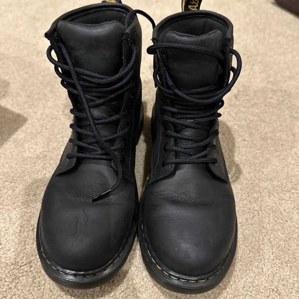 Dr. Martens Black Leather Lace-Up Ankle Boots with Yellow Stitching